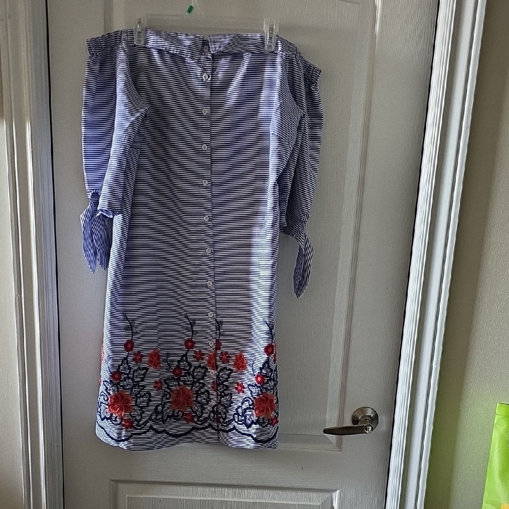 Michel Studio Blue and White Striped And Floral Embrodery Dress